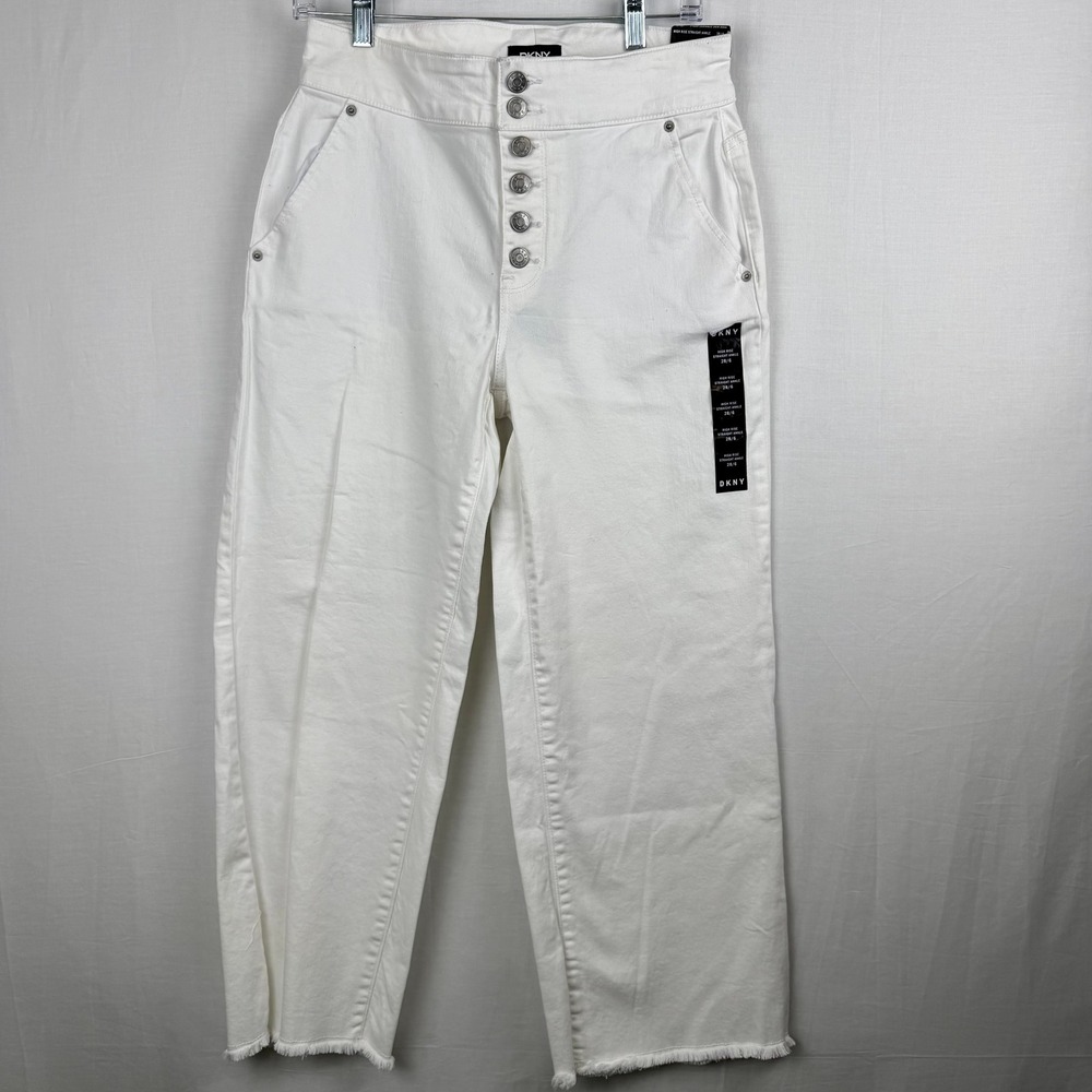 DKNY High Rise Straight Ankle Jeans White Button Fly Raw Hem Size 28 (6) NWT